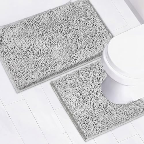 Bathroom Rugs Chenille Bath mat 2 Piece Set, Super Absorbent, Strong PVC Non Slip Backing, Bath mats for Bathroom, Plush Shaggy, Thick, Machine Washable, Bathtub, Toilet.(Light Grey) - color: Light Grey, size: 20''×20''U-Shape+20''×32''