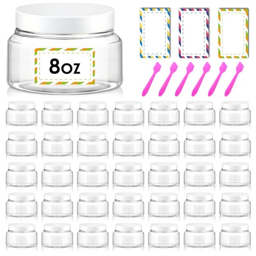 36 Pack 8 oz Plastic Cosmetic Containers With Lids Refillable Clear Empty Travle Jars Containers for Body Butter,Sugar Scrubs,Cream,Lotions,Candy, Waterproof Label&Spatulas - (White Lid) - color: Clear-White Lid, size: 8 OZ