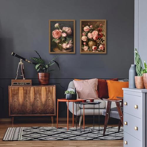 2Pcs Vintage Framed Wall Art Peony Wall Decor Pink Floral Canvas Prints Cottagecore Decor Rustic Farmhouse Pictures Artwork for Walls Living Room Bedroom Bathroom 12"x16" Ready to Hang - color: Vintage Peony, size: 12x16 inches