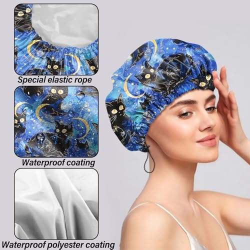 2 PCS Shower Cap Reusable Waterproof Double Layers Hair Caps Shower Bath Adjustable Elastic Hat for Women Girls Cute Aesthetic-Flower Black Cat - color: AI4-Flower Black Cat