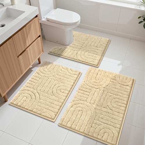 Vaukki Bathroom Rugs Sets 3 Piece, Beige Washable Non Slip Soft Bath Mats for Shower and Tub, Plush Absorbent Microfiber Toilet Rug U Shaped, 32x20+26x18+24x20 Inch - color: Beige, size: 18''x26''+20''x32''+20''x24''