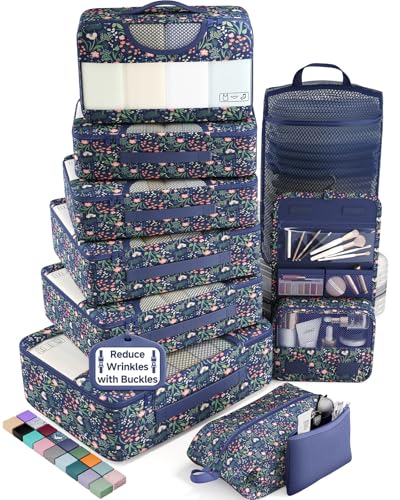 Veken 10 Set Packing Cubes for Travel Essentials,Anti-Wrinkle Buckled Suitcase Organizer for Shoe & Toiletry Bag,Carry On Luggage Bag with 99+ Count Mesh Holes for Airplane & College Dorm Accessories - color: 08 Navy Flower