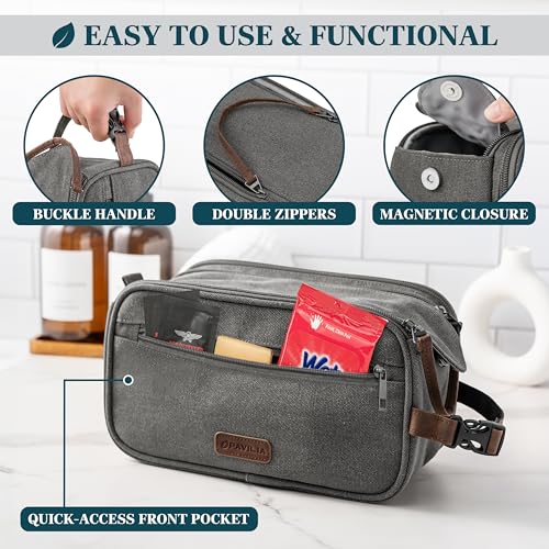 PAVILIA Toiletry Bag for Men, Canvas Dopp Kit, Travel Essentials Organizer, Water-Resistant Shaving, Grooming Kit, Large Hanging Bathroom Accessories Cosmetic Bag, Grey - color: Grey, size: Extra Large (12.5x6x7)
