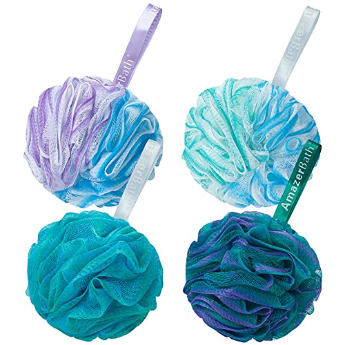 AmazerBath Loofah Sponge 75g/Piece, Exfoliating Bath Sponge Body Scrubber - Loofa Set of 4 Flower Color (Large, Green-Purple) - style: Green-purple