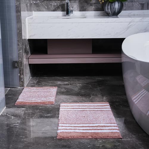 3 Piece Soft & Absorbent Microfiber Striped Bathroom Rug Set - U-Shaped Toilet Rug, Non-Slip Rubber Bottom, Quick Dry, Pink - color: Pink