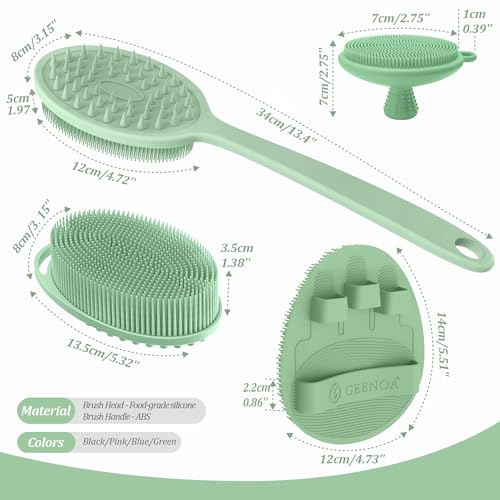 Silicone Back/Body/Face Scrubber & Soft Bath Glove Set 4PCS, Gentle Exfoliating Back & Body Scrubber with Dual-Side Brush Head, Hand-fit Bath Glove & Face Scrubber for Deep Cleaning(Green-4PC) - color: Green*4
