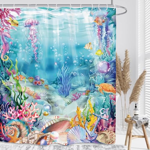 Ocean Sea Underwater Shower Curtain 60Wx72L Inch Undersea Nautical Jellyfish Seahorse Coral Shell Marine Beach Bathroom Set Accessories Decor with 12 Pack Hooks - color: Colorful Underwater, size: 60"W x 72"L (Pack of 1)