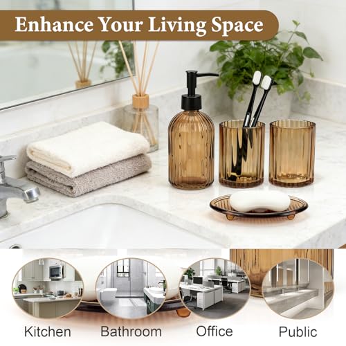 Topsky 4 Pcs Glass Bathroom Accessories Set,13.5oz Liquid Hand Soap Dispenser with Toothbrush Holder,Mouthwash Cup,Soap Dish for Bathroom Countertop,Colored Vertical Stripe Design,Heavy Weight,Amber