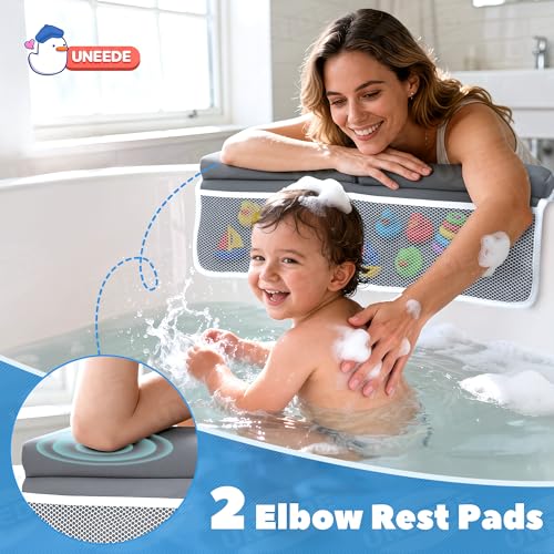 UNEEDE Baby Bath Kneeler & Elbow Pad Set, 1.5" Thick Memory Foam Bath Mat | Kneeling Pad with Elbow Support and Bath Toy Storage Bag, Bathtub Mat with Toy Organizer for Bathing Infant or Toddler, Greye