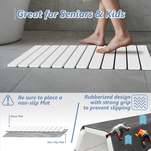 AWW Foldable Stone Bath Mat, Diatomaceous, 31.5"x15.7", White | Quick-dry surface, super absorbent, easy-clean finish, non-slip mat included, and compact storage for small bathrooms - color: White, size: 31.5" x 15.7"