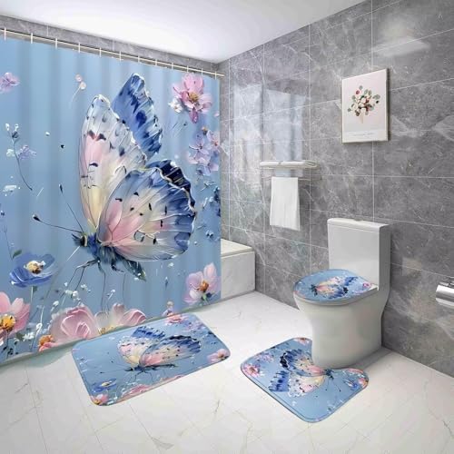 DDQQ 4Pcs Oil Painting Floral Shower Curtain Set Bathroom Sets Blue Butterfly Shower Curtain with 12 Hooks Bathroom Decor with Rugs Bath Accessories with Mats Toilet Lid Cover - color: Blue