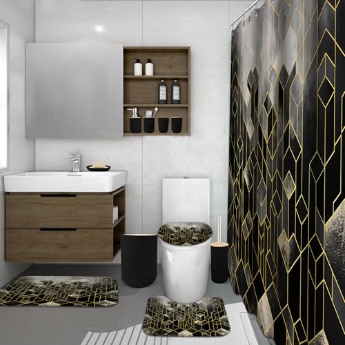 Lnond Black Bathroom Set, Black Abstract Cubes Bathroom Accessories Sets Complete, Luxury Restroom Set with Shower Curtain and Rugs, Trash Can, Toilet Brush Holder Set & Soap Dispenser - style: Black