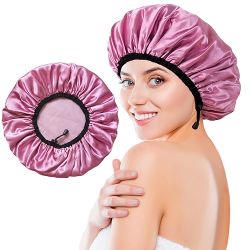 Shower Cap for Women, Large Shower Caps Reusable Waterproof with Elastic Band, Silky Satin Double-layer Bath Cap for Braids Long Hair - color: Set F