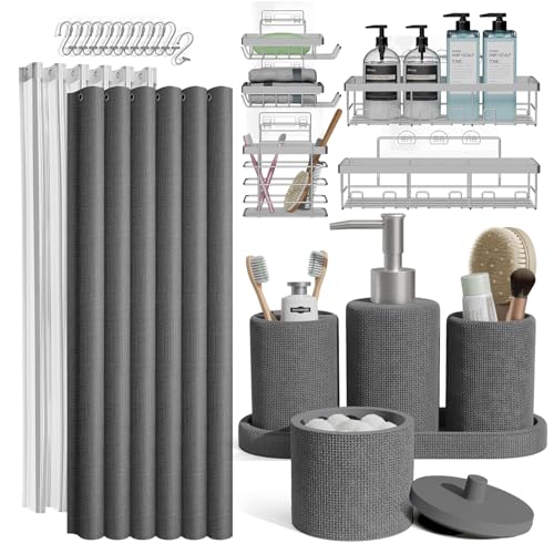 Clara Clark Bathroom Set - Grey Bathroom Accessories Set, 24PC Bathroom Accessory Set, Bathroom Sets with Shower Curtain Set, Adhesive Corner Shower Caddy Hanging & Soap Dispenser - color: Grey, size: Complete Set + Shower Caddy