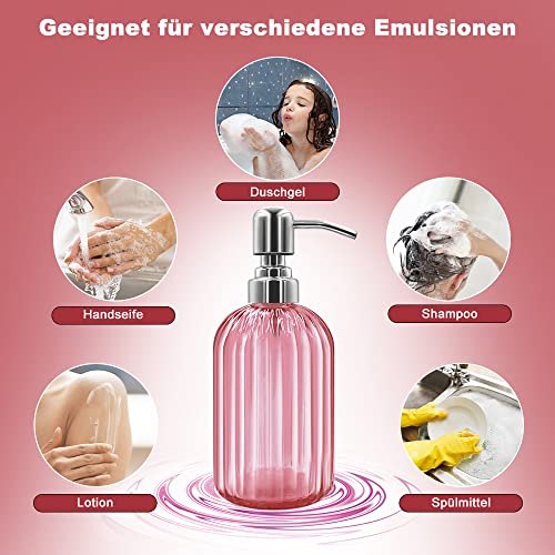 14 Oz Glass Soap Dispenser with 304 Rust Proof Stainless Steel Pump, Refillable Hand Liquid Soap Dispenser for Bathroom, Kitchen, Countertop, Laundry Room (Pink) - color: Pink