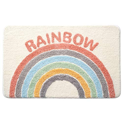 Rainbow Flocking Bath Mat, Bathroom Rug Water Absorbent Non-Slip Soft Microfiber Carpet Mat for Tub Sink Shower and Bath Room Cute Cartoon Doormat, 24"x 16" - size: 1'4" x 2' (Rectangular)