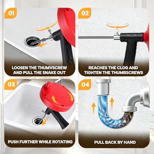 Drain Auger 33 ft, Plumbing Snake Hair Clog Remover Drain Snake Flexible Grabber Heavy Duty Sink Cleaner Tools for Shower Bathtub Bathroom Kitchen Pipe, Red - color: Red