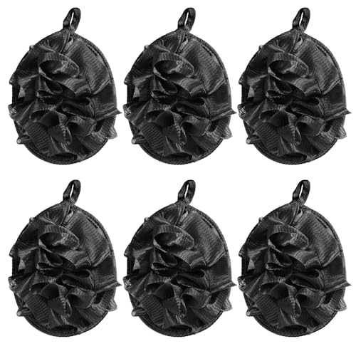 Boao 6 Pcs Bath Shower Pouf Sponge Mesh Pouf Shower Ball Exfoliating Body Sponge Pad Scrubber Glove with Flower Bath Ball (Black) - style: Black