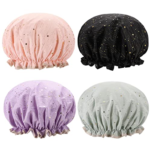 Tbestmax Shower Caps for Women and Girl Long Think Hair, Reusable Waterproof Bath Cap/Hat Double Waterproof Layers 4 Pcs - color: 4 Pack - Star
