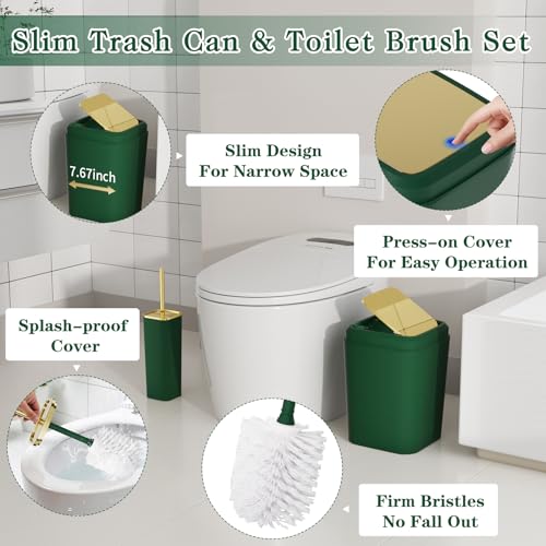 Bathroom Set - 11PC Bathroom Accessory Set, Bathroom Accessories Set, Green Bathroom Set, Push-lid Trash Can, 3PC Soap Dispensers, Toilet Brush & Q-tip Holders - color: Dark Green & Gold, size: Bath Set