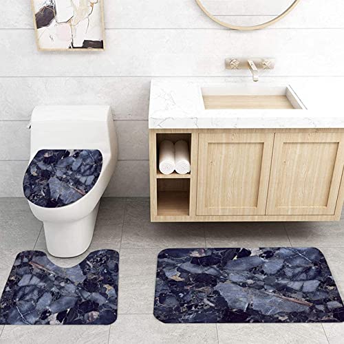 Blue Marble Shower Curtain with Bath Rugs Sets, 4 Pcs Marble Patterns Bathroom Décor with Toilet Seat Cover, Non-Slip Mats, Absorbent Pedestal Pads and Waterproof Shower Curtains + Hooks (Blue) - color: Blue