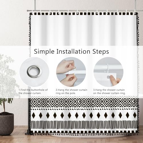AOFOTO Bohemian Shower Curtain Tassel Boho Black and White Striped Geometric Pattern Shower Curtains for Bathroom Waterproof Bath Curtain Sets with Hooks Bathroom Home Decor 72x72 Inches - color: Black Square, size: 72"W x 72"L (Pack of 1)