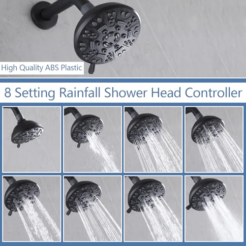 2 Handle Shower Faucet,Wall Mounted Two Handles Shower Faucet Set with 8 Modes Rainfall Shower Head,2 Knobs Single Function Shower Trim Kit with Rough-in Valve,Matte Black - color: Matte Black, style: 2 Handles-Single Function