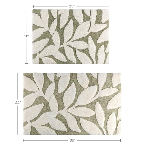 2 Piece Bathroom Rug Set - 35x22 Inch and 25x18 Inch 100% Cotton Bath Mats with Textured Botanical Leaf Print for Boho Bathroom Decor - Bath Rugs Non Slip Washable Bathmats by Lavish Home (Sage Green) - color: Sage