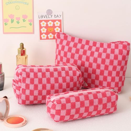 LYDZTION Makeup Bag Cosmetic Bag for Women,1Pcs Large Capacity Makeup Bags and 1Pcs Pencil Case Makeup Brushes Storage Bag Travel Toiletry Bag Organizer - color: 3pcs rose red