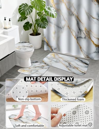Lnond Marble Bathroom Set, 24 Piece White Gold Bathroom Decor Set with with Shower Curtain and Rugs, Trash Can, Toilet Brush Holder Set & Soap Dispenser
