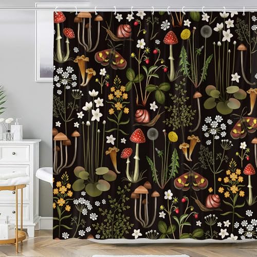 Retro Mushroom Shower Curtain for Bathroom, Fairy Forest Flowers Plants on Black Background Bath Curtains, Vintage Botanical Fabric Shower Curtain Sets with Hooks 72 x 72 - color: Red Black, size: 72"W x 72"L (Pack of 1)