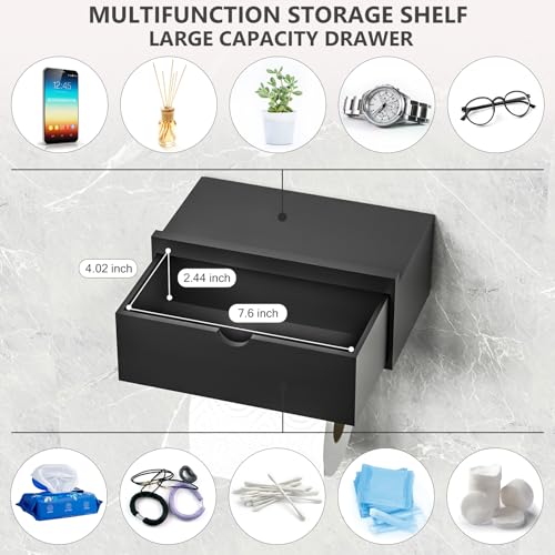 Domax Standard 8.46" Bamboo Toilet Paper Holder with Shelf and Storage Drawer - Wall Mount or Adhesive Bathroom Organizer for Tampons, Cotton Swabs, Wipes or More, Black - color: Black