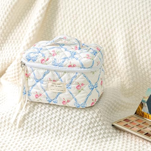Sminra Makeup Bag Large Travel Quilted Cosmetic Makeup Bag Organizer, Floral Cotton Coquette Aesthetic Toiletry Bag for Women Girls (Blue Bow Flowers-L) - color: Blue Bow Flowers-L