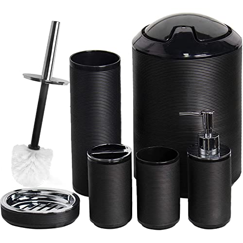 CERBIOR Bathroom Accessories Set 6 Piece Bath Ensemble Includes Soap Dispenser, Toothbrush Holder, Toothbrush Cup, Soap Dish for Decorative Countertop and Housewarming Gift, Black - style: Black