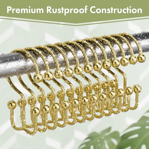 Amazer Gold Shower Curtain Hooks, 12PCS Minimalist Simple Double Shower Curtain Rings, Rust-Resistant Metal Shower Hooks Shower Curtain Hangers, Shower Rings for Bathroom Shower Rods Curtains - color: Gold, style: Minimalist - Double Hooks