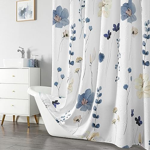 QiyI Watercolor Floral Shower Curtain, 3D Embossed Butterflies Grey Beige Flower Bathroom Curtains, Minimalist White Cloth Bath Curtain, Waterproof Fabric Textured Shower Curtain Set with Hooks, 72x72 - color: Grey, size: 72"W x 72"L (Pack of 1)