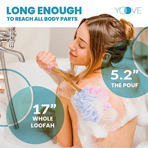 Yoove Loofah Back Scrubber w/Bamboo Charcoal Fiber Infused Bath Sponge, Wooden Handle, Luffa Pouf, Sponge Stick & Hanging Hook for Men & Women, Pink Loofah w/Handle, Loofa, Lufa Body Scrubber Stick - style: Pink