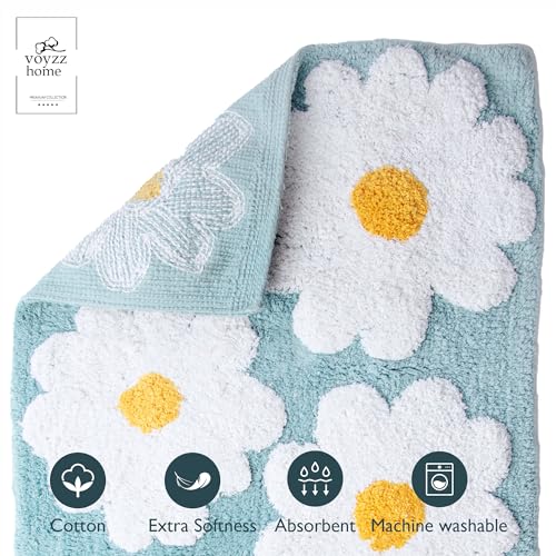 voyzz home 100% Cotton Aqua Bath Rug Mat Extra Soft and Cute Spring Daisy Rug, White and Yellow Flower Decor Rug, Super Water Absorbent and Machine Washable Mats for Bath Floor, Tub and Shower 20 x 32 - color: Aqua Blue Flower Single 20x32