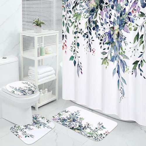 MitoVilla 4 Pcs Green Eucalyptus Bathroom Sets with Shower Curtain and Rugs, Blue Modern Shower Curtain Sets with Rugs for Bathroom Decor, Bathroom Decor Curtain Sets with Mats and Accessories - color: Green