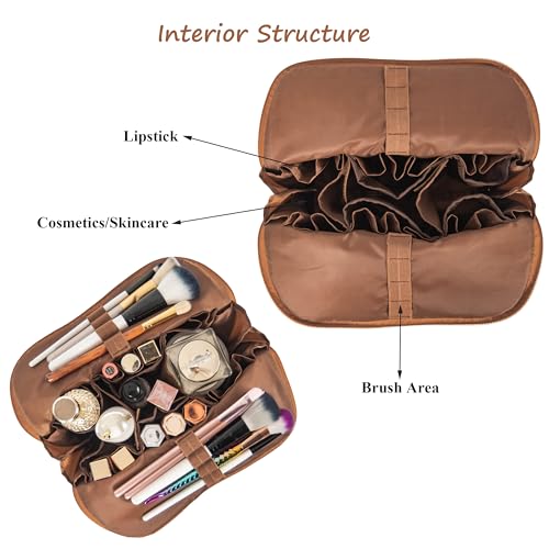Travel Makeup Bag for Women, Waterproof Stand Up Cosmetic Bag with Brush Holders, Organizer Bag with Compartments, Fold-Down Design for Skincare, Toiletries & Essentials (Brown, Medium) - color: Brown, size: Medium