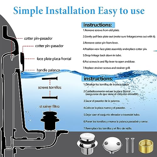 Tip Toe Bathtub Drain Conversion Kit Assembly, Tub Drain Plug Trim Set Bath Tub Drain Stopper with Two-Hole Overflow Faceplate (Chrome Plated) - color: Chrome Plated