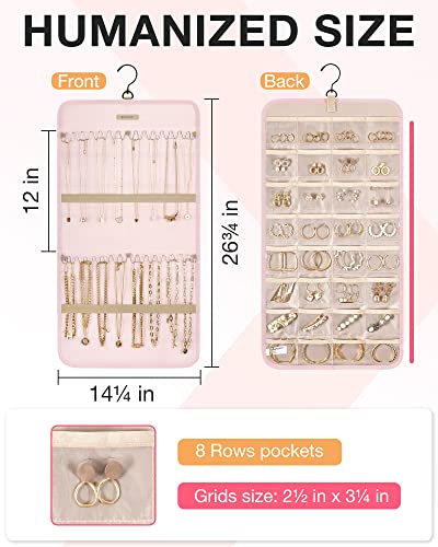 BAGSMART Hanging Jewelry Organizer Storage Roll with Hanger Metal Hooks Double-Sided Jewelry Holder for Earrings, Necklaces, Rings on Closet, Wall, Door, 1 piece, Medium, Pink - color: Pink, size: Medium