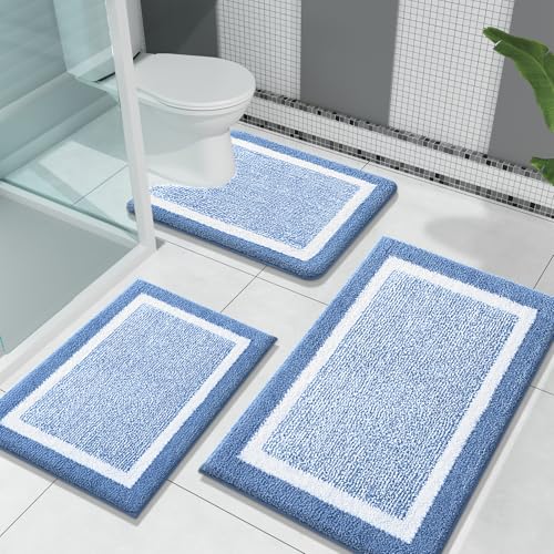 OLANLY Bathroom Rugs Sets 3 Piece, Soft Absorbent Microfiber Bath Mats and U-Shaped Contour Toilet Rug, Home Decor Accessories, Non-Slip, Bath Mat Set for Bathroom (30"x20"+24"x16"+24"x20", Blue) - color: Blue and White, size: 30" X 20" + 24" X 16" + U Sh