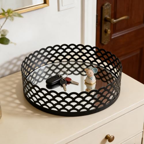 Black Metal Decorative Tray with Mirror Base - Round Vanity Tray for Makeup Brushes, Jewelry, Perfume, and Home Décor(7.3”X2”) - size: 7.3"
