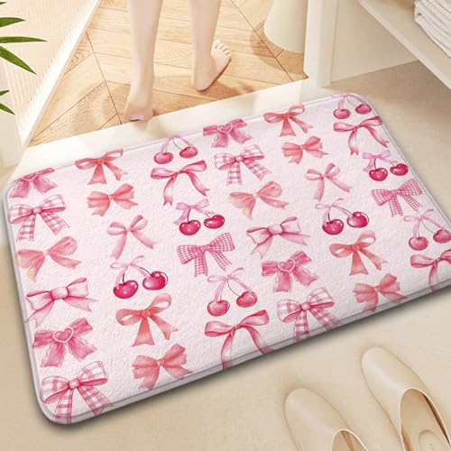 Red Cherry Pink Bow Cute Fruit Watercolor Bath Rug, Non-Slip Microfiber Soft Plush Modern Bathroom Mat Carpets Floor Mat for Bedroom Kitchen Bathroom Toilet 17x29 Inch - color: Pink