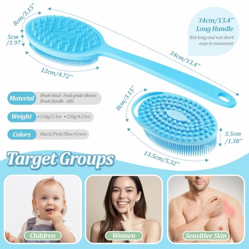 Silicone Back & Body & Face Scrubber Set 3PCS, Gentle Exfoliating Back & Body Scrubber with Dual-Side Brush Head, Hygienic Silicone Loofahs with Soft Bristle and Non-Slip Handle(Blue-3PC) - color: Blue*3