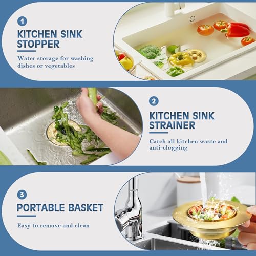 Kitchen Sink Drain Strainer 3 in 1, 304 Stainless Steel Pop Up Sink Stopper, Anti-Clogging Sink Drain Strainer for US Standard Kitchen Drain (Gold) - color: Gold, size: 1 Pack