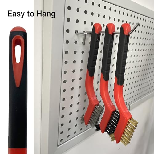 YiwerDer 6Pcs Mini Wire Brush Set, Stainless Steel/Brass/Nylon Bristles Wire Brushes, Curved Handle Soft Grip for Rust, Dirt & Paint Scrubbing with Deep Cleaning – 7 Inches (Red) - style: 6Pcs Red Mixed Brushed