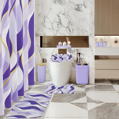 XLHOMO Bathroom Set - Purple and Gold Bathroom Accessories, Bathroom Sets with Shower Curtain and Rugs, Purple Shower Curtain Set with Bathroom Trash Can, Soap Dispenser, Soap Dish for Home Decor - color: Stripe Purple & Gold, size: Complete Set + Bath Ru