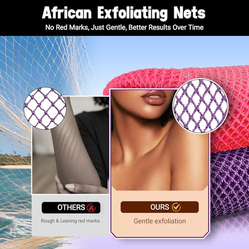 African Net Sponge Authentic 2 Pieces Gentle Exfoliating Body Scrubber Bath Sponges for All Skin Types, African Exfoliating Net Sponge with Handles Washcloth Loofah Bathing Accessories for Shower - style: Light Rose Pink, Purple